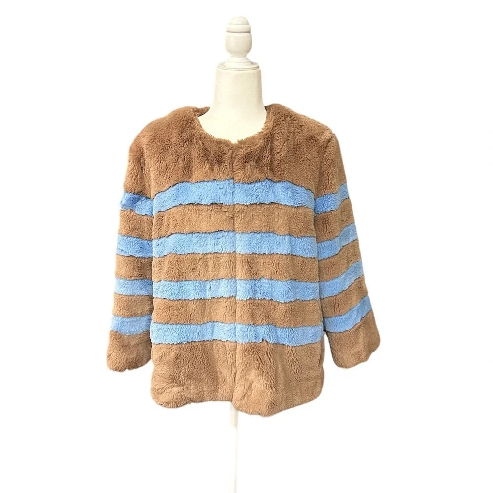 Kule The Bailey Striped Faux Fur Jacket Size L blue and brown excellent cond - Picture 2 of 11
